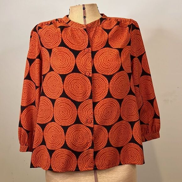 Collective Concepts Black with Orange Print Button Front Blouse - Size Large - Picture 2 of 11